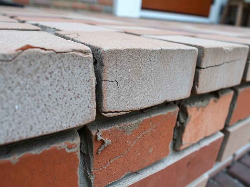 Cracked mortar joints and loose bricks on a residential front porch