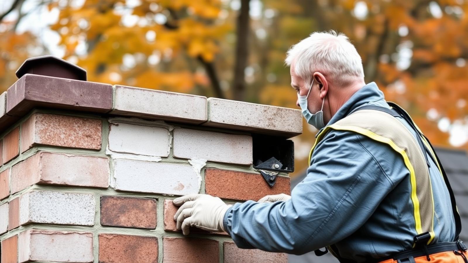 Masonry contractor tuckpointing a residential brick chimney in fall