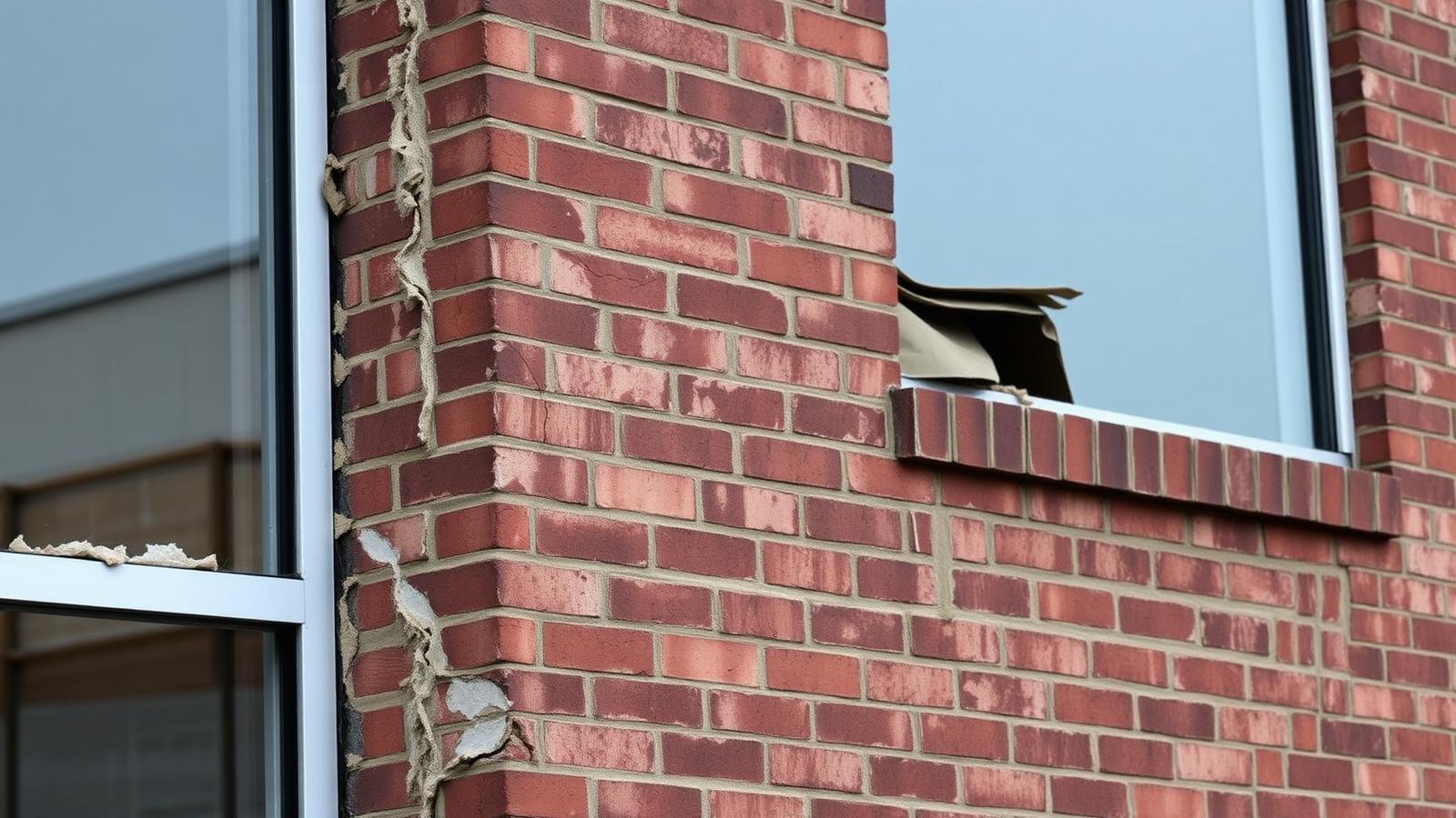 Commercial brick facade with cracked mortar and damaged section