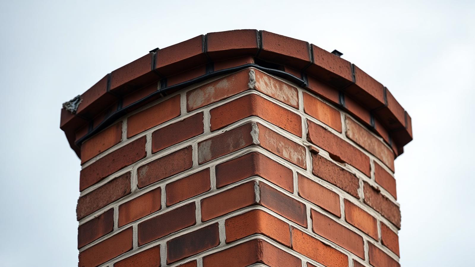 Damaged chimney crown and worn mortar joints on a brick chimney