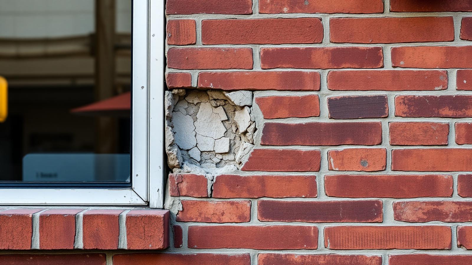 Cracked mortar and brick wear on a commercial facade near a window