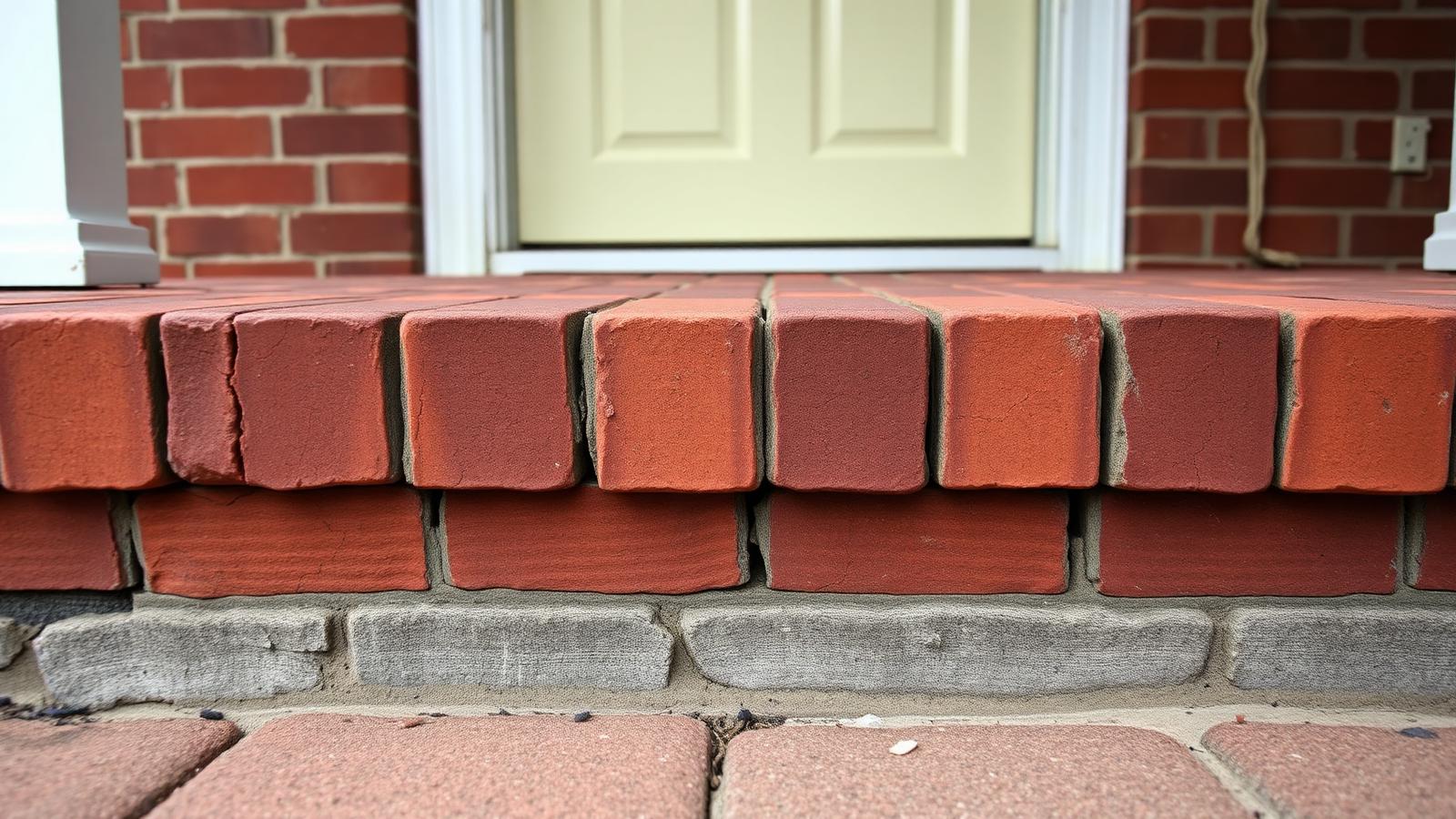 Residential brick porch with cracked mortar and a loose brick
