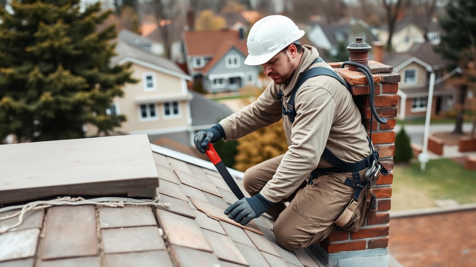 Masonry contractor repairing chimney mortar on a Michigan rooftop