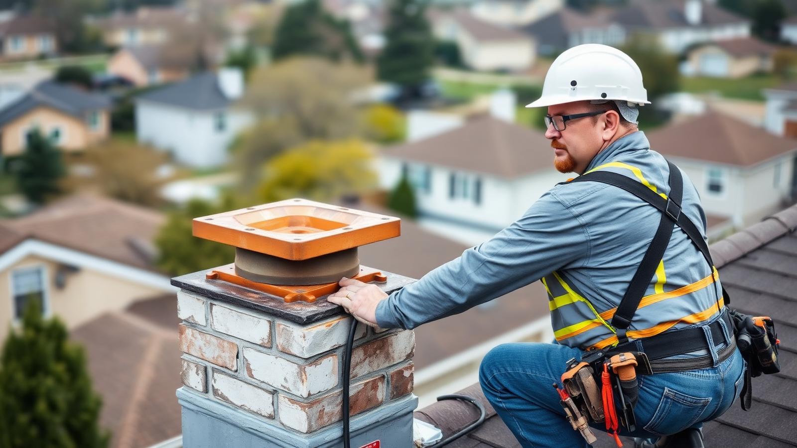 Chimney repair contractor working on a residential rooftop chimney