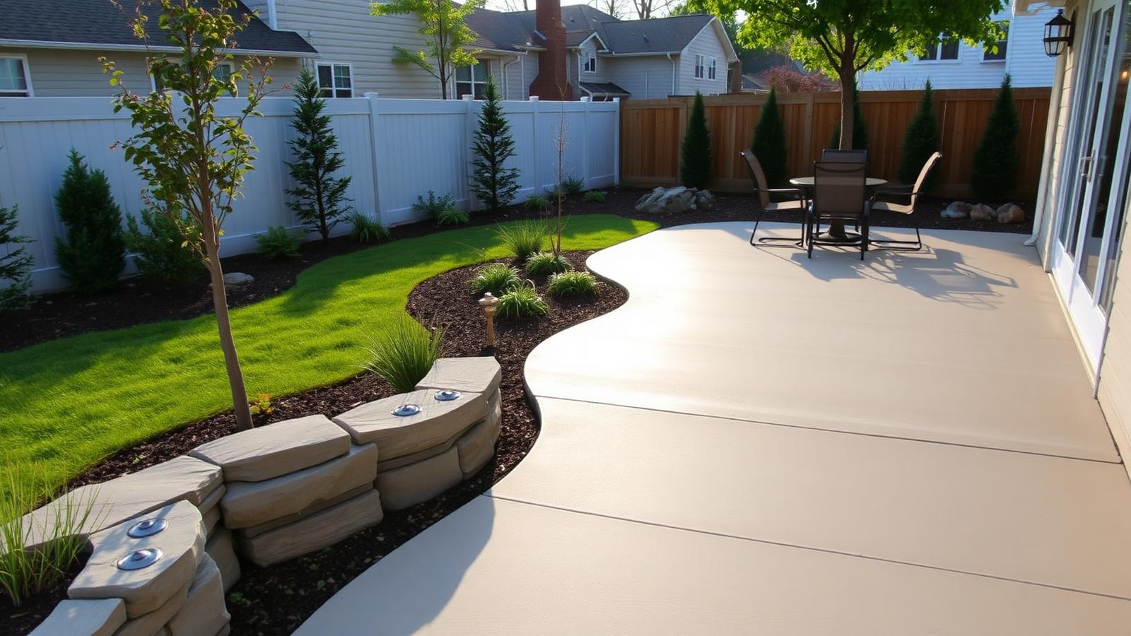 Backyard patio with newly poured concrete flatwork and clean landscaping