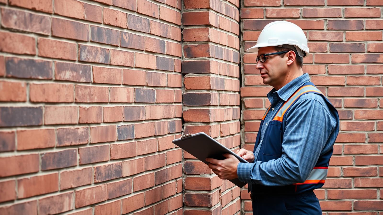 Masonry contractor inspecting mortar joints on a commercial brick wall