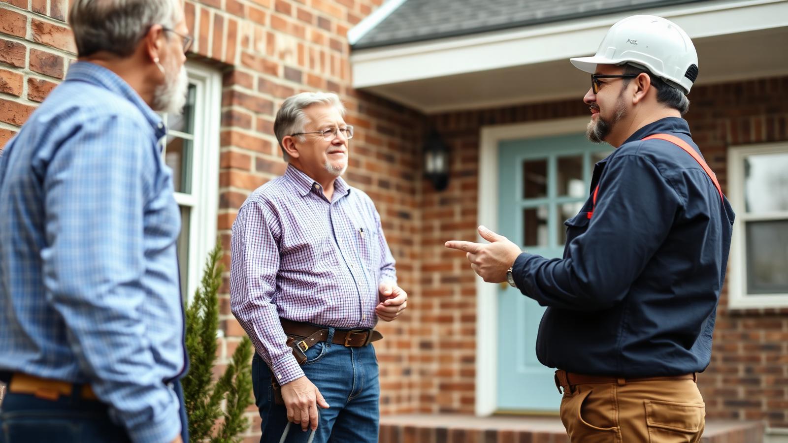 Homeowner speaking with a masonry contractor about brick repair
