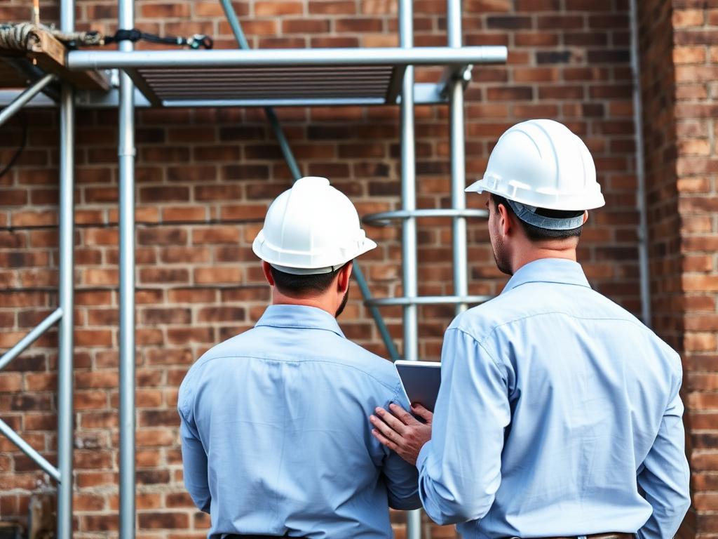 Commercial masonry contractors inspecting a brick facade with scaffolding