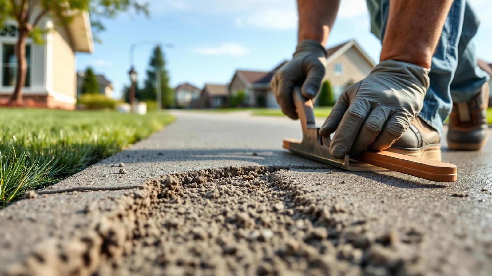 Concrete contractor smoothing a fresh residential walkway pour